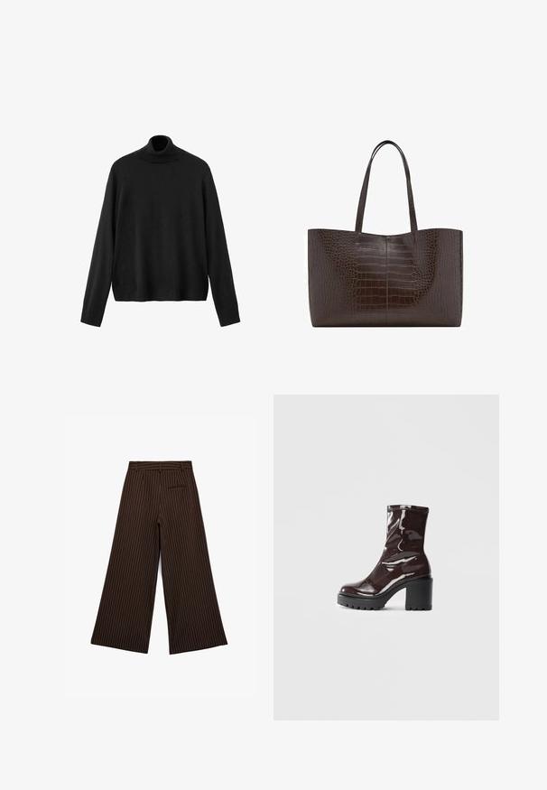 Schwarzer Rollkragenpullover aus Strickmaterial mit langen Ärmeln, engem Kragen und leicht gekürztem Saum. Glatte Textur, einfarbig.; Braune weite Hosen mit weißen Streifen, die einen Bund, Gürtelschlaufen und eine Gesäßtasche aufweisen. Glatte Textur und maßgeschneiderte Passform.; Glatte bordeauxrote Ankle Boots mit einem klobigen schwarzen Absatz, die eine glatte Oberfläche und ein einfaches Design aufweisen. Keine sichtbaren Verschlüsse oder Muster.; Braune Handtasche mit Krokodileffekt, zwei robuste Tragegriffe, rechteckige Form und glatte, glänzende Oberfläche; mit einer zentralen Nahtdetails.