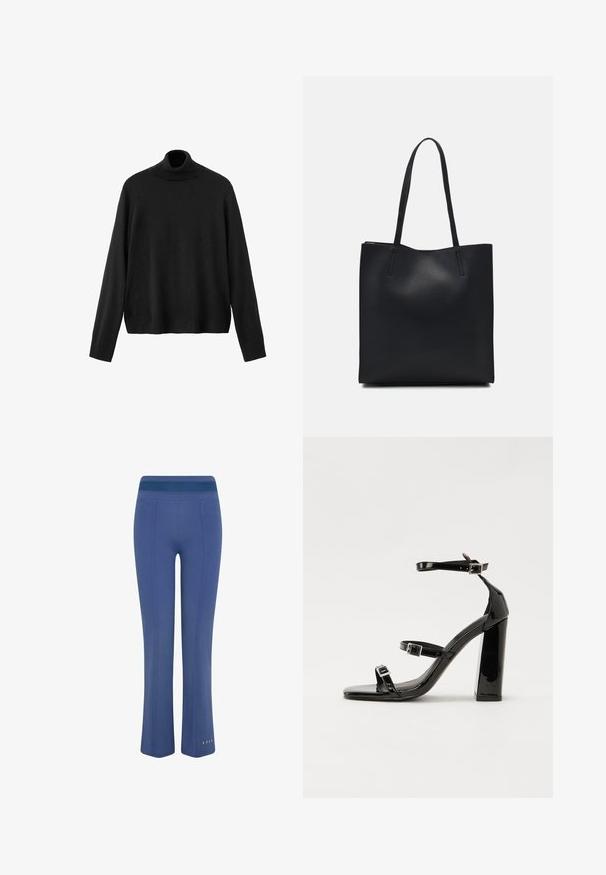 Černý rolákový svetr z pleteného materiálu s dlouhými rukávy, přiléhavým límcem a mírně zkráceným lemem. Hladká textura, jednobarevný.; Modré sportovní kalhoty s upnutým pasem, s rovnou nohavicí, plochými švy a malým logem blízko lemu.; Černé lakované sandály na vysokém podpatku se dvěma pásky se sponami, čtvercovou špičkou a robustním blokovým podpatkem, s hladkou, lesklou texturou.; Černá kožená taška přes rameno s hladkým povrchem, obdélníkovým tvarem a dvěma dlouhými uchy. Žádné viditelné kování ani ozdoby.