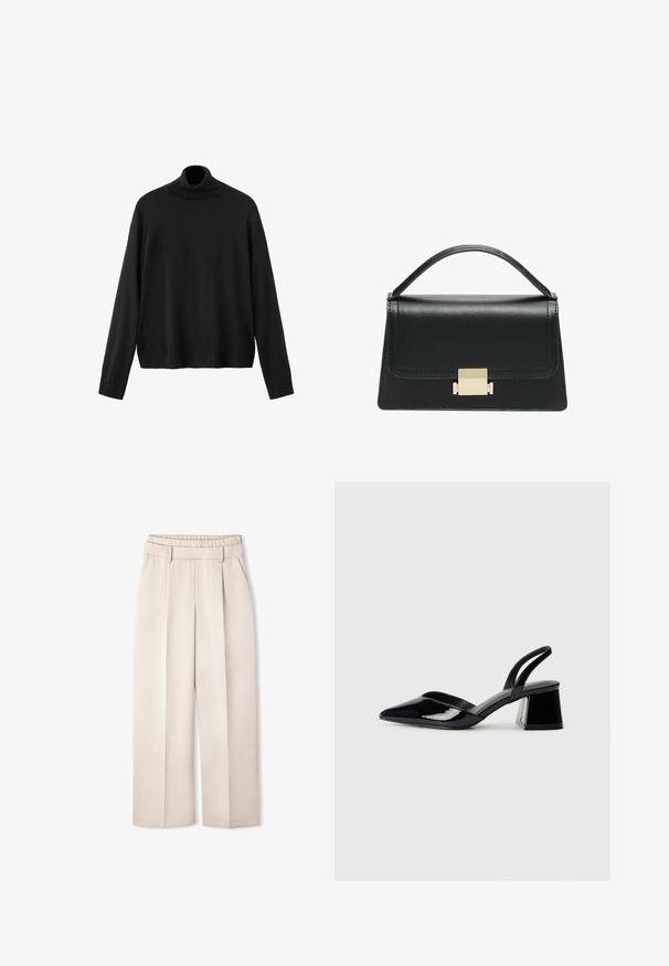 Black turtleneck sweater, made of knit material, features long sleeves, a fitted collar, and a slightly cropped hem. Smooth texture, solid color.; Beige wide-leg trousers with a folded waistband, pleats at the front, two side pockets, and a smooth, slightly textured fabric finish.; Black patent leather slingback heels with a pointed toe and a geometric block heel. Features a sleek, minimal design and smooth texture.; Black leather handbag with a structured design, top handle, and a gold metal clasp detail on the front. Smooth texture, minimal stitching.