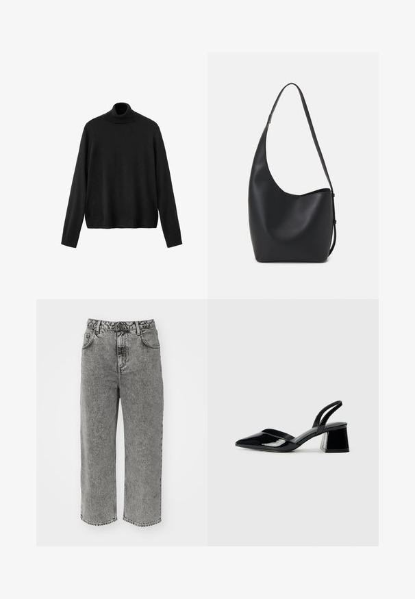 Crni džemper s polo ovratnikom, izrađen od pletiva, ima duge rukave, uski ovratnik i blago skraćeni rub. Glatka tekstura, jednobojan.; American Vintage YOP - Traperice opuštenog kroja - grey salt and pepper; Crne lakirane kožne sandale s otvorenom petom i špicastim vrhom, s geometrijskom blok petom. Imaju elegantan, minimalistički dizajn i glatku teksturu.; Crna kožna hobo torba s glatkom teksturom, zakrivljenim oblikom i jednom podesivom trakicom; ima širok otvor na vrhu.