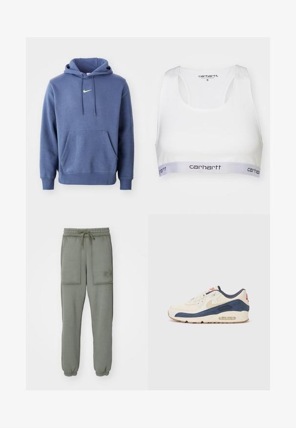 Zils kapucis, kas izgatavots no mīkstas auduma, ar priekšējo kabatu, aukliņu kapuci un mazu, gaišas krāsas Nike logo uz krūšu daļas.; Balts sporta krūšturis ar gludu audumu, sacensību aizmugures dizainu un pelēku elastīgu joslu, kurā melnā krāsā ir Carhartt logo. Izmērs mazs.; Alpha Industries OPEN EDGE JOGGER - Treniņtērpa apakšdaļas - dark olive; Apavi ar krēmīgu ādas un tumši zilu zamša augšdaļu, ar redzamu gaisa zoli, bēša gumijas zoli un sarkanu akcentu uz papēža.