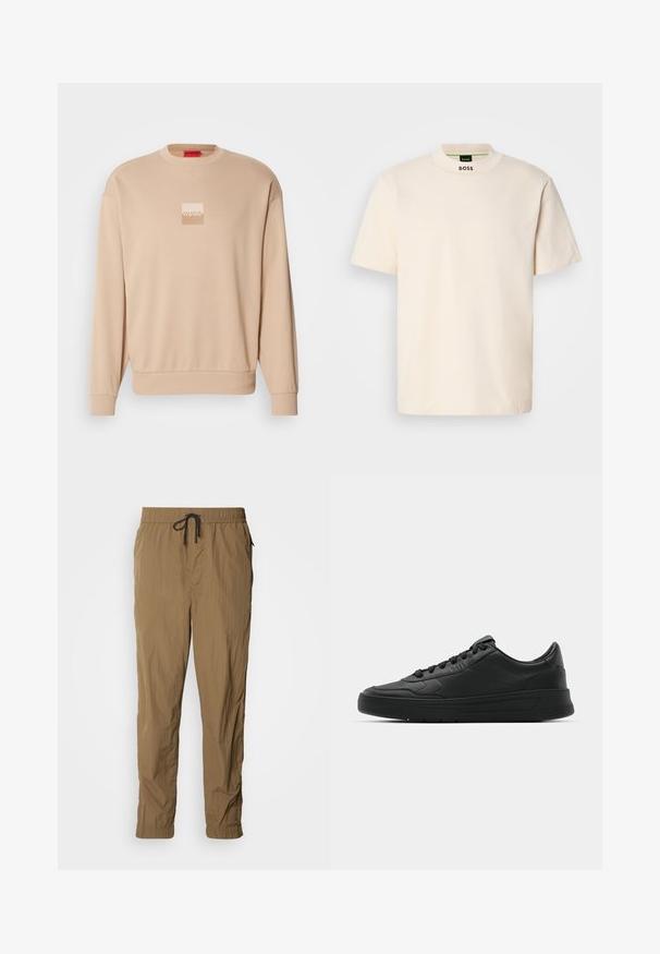 Béžová mikina s kulatým výstřihem a žebrovanými manžetami. Na přední straně je malá čtvercová nálepka v jemných barvách. Měkká, hladká textura.; Krémové tričko s krátkým rukávem a vysokým límcem, na přední části krku a vnitřní štítku s potiskem "BOSS" v černé barvě.; Světle hnědé elastické kalhoty v pase s šňůrkou, s krčenou strukturou a zúženým střihem nohavic. Obsahují boční kapsy.; Černé tenisky s hladkým koženým svrškem, kulatou špičkou, plochými tkaničkami, polstrovaným límcem a minimalistickým designem. Gumová podrážka s jemným vzorkem.