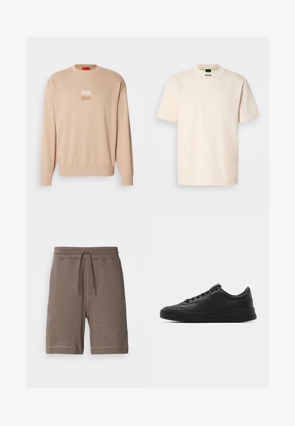 Felpa beige con scollatura rotonda e polsini a costine. Presenta un piccolo logo quadrato in colori chiari sul davanti. Texture morbida e liscia.; Maglietta a maniche corte color crema con colletto alto, con la scritta "BOSS" stampata in nero sulla parte anteriore del collo e sull'etichetta interna.; Shorts in cotone marrone con una miscela elastica, vita elasticizzata, cordoncino regolabile e tasche laterali. Presentano cuciture a contrasto e una patch con logo.; Sneaker nera con tomaia in pelle liscia, punta rotonda, lacci piatti, collare imbottito e design minimalista. Suola in gomma con un delicato motivo a rilievo.