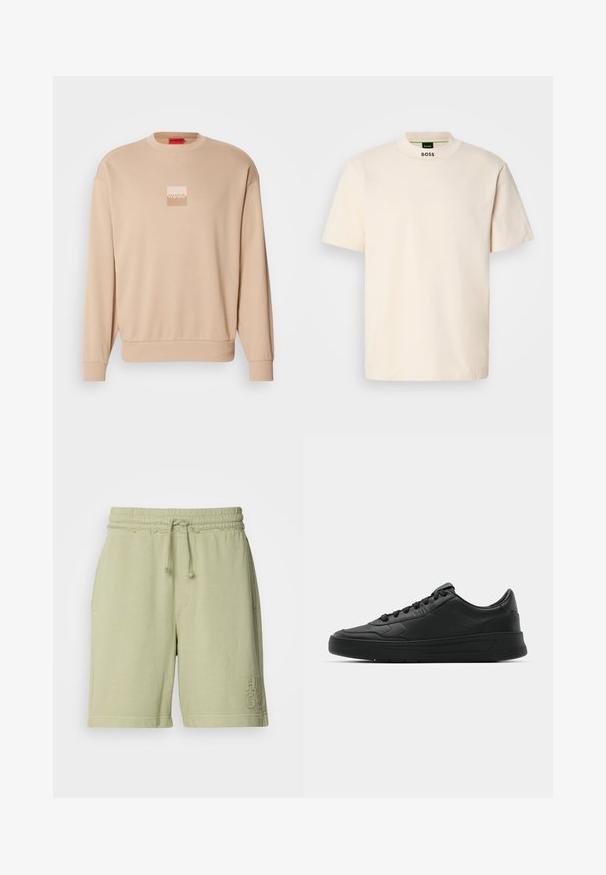 Felpa beige con scollatura rotonda e polsini a costine. Presenta un piccolo logo quadrato in colori chiari sul davanti. Texture morbida e liscia.; Maglietta a maniche corte color crema con colletto alto, con la scritta "BOSS" stampata in nero sulla parte anteriore del collo e sull'etichetta interna.; Pantaloni corti in misto cotone verde chiaro con vita elastica e cordoncino regolabile. Caratterizzati da tasche laterali e logo ricamato sulla gamba.; Sneaker nera con tomaia in pelle liscia, punta rotonda, lacci piatti, collare imbottito e design minimalista. Suola in gomma con un delicato motivo a rilievo.
