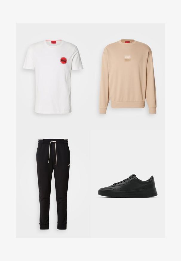 Beige sweatshirt with a round neckline and ribbed cuffs. Features a small square logo in pale colors on the front. Soft, smooth texture.; White cotton t-shirt featuring a round red logo with a checkered border. Short sleeves and crew neck design.; Black slim-fit jogger pants with white drawstring, ribbed cuffs, and subtle logo on the upper thigh against a plain background.; Black sneaker with smooth leather upper, round toe, flat laces, cushioned collar, and minimalistic design. Rubber sole with subtle tread pattern.