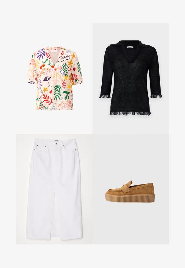 Sort strikpullover med V-hals og krave. Har trekvartlange ærmer med frynsedetaljer ved manchetterne og kanten. Struktureret materiale.; Kortærmet bluse med V-hals i et let stof, prydet med et farverigt tropisk mønster, der viser blade, frugter og solmotiver i rød, grøn og gul.; Hvid denimnederdel med splid foran, fem-lomme design, metalknap og lynlåslukning samt syede kantdetaljer.; Brune ruskinds loafers med rund tå, der har en ribbet platformssål og et dekorativt bånd henover overdelen.