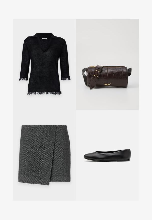 Mustapohja neulepusero V-pääntiellä ja kauluksella. Ominaisuuksiin kuuluu kolmasosa-hihat, joissa on fringe-yksityiskohtia hihansuiden ja helman kohdalla. Rakenteellinen materiaali.; Hame herringbone-rakenteella harmaana, jossa on kääntödesign, teksturoitu kangas ja siisti, suora helma.; Paul Smith TOPANGA - Ballerinat - black; Ruskea krokotiilinkuosilla varustettu nahkalaukku, jossa on sylinterimäinen muoto, kultasävyiset yksityiskohdat ja irrotettava hihna, jossa on niittejä.