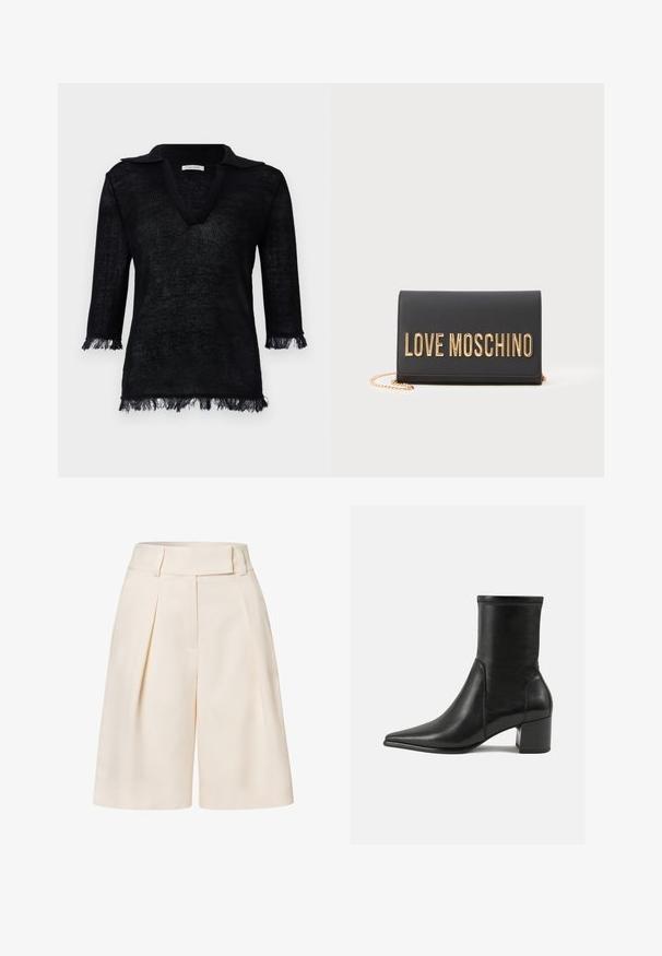 Sort strikpullover med V-hals og krave. Har trekvartlange ærmer med frynsedetaljer ved manchetterne og kanten. Struktureret materiale.; Cremfarvede skræddersyede shorts med høj talje, plisseret front og en glat stoftekstur. Har brede, korte ben.; Sorte ankelstøvler lavet af glat læder, med spids tå, en blokhæl og markant hævet syning ved den øverste kant.; Sort læder-clutch med et guld "LOVE MOSCHINO" logo, fold-over design og guld kædestrop. Glat tekstur og minimalistisk stil.