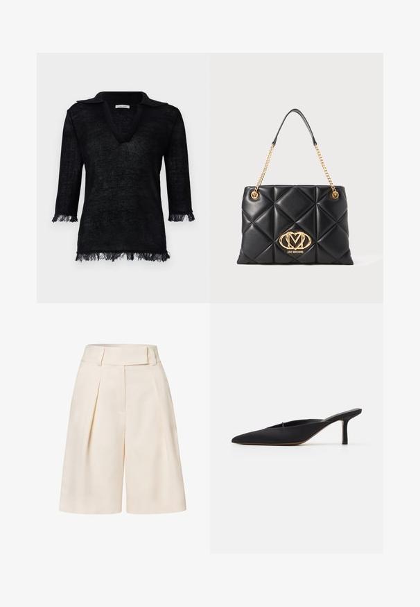 Pull noir en tricot avec un col en V. Doté de manches trois-quarts avec des détails en franges aux poignets et à l'ourlet. Matériau texturé.; Shorts cintrés de couleur crème avec une taille haute, un devant plissé et une texture de tissu lisse. Présente des jambes larges et raccourcies.; Mule noir à bout pointu avec un design élégant, fabriqué en tissu lisse, présentant un talon fin et un dos ouvert pour faciliter l'enfilage.; Sac à main matelassé noir en simili cuir avec une bandoulière en chaîne dorée, arborant un logo doré en relief et un motif de diamants sur la surface.