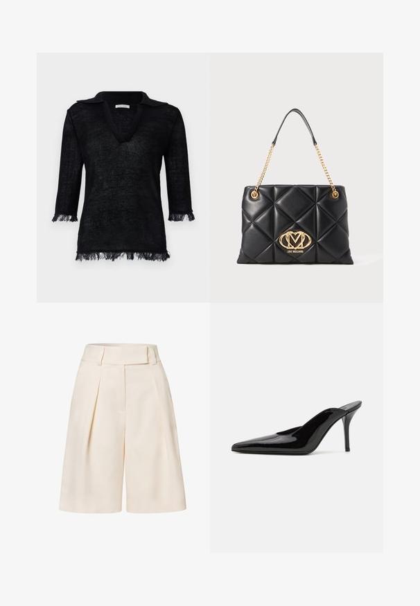 Pulover tricotat negru cu decolteu în V și guler. Are mâneci trei sferturi cu detalii din franjuri la manșete și la tiv. Material texturat.; Pantaloni scurți dintr-un material crem, cu talie înaltă, cu pliuri în față și o textură netedă a stofei. Au picioare late, scurtate.; Mule-uri cu toc înalt din piele lacuită neagră, cu vârful ascuțit și o siluetă elegantă, având un spate deschis și un toc subțire stilletto.; Geantă de mână neagră, matlasată, din piele ecologică, cu o curea de lanț aurie, care prezintă un logo auriu proeminent și un model în diamant pe suprafață.