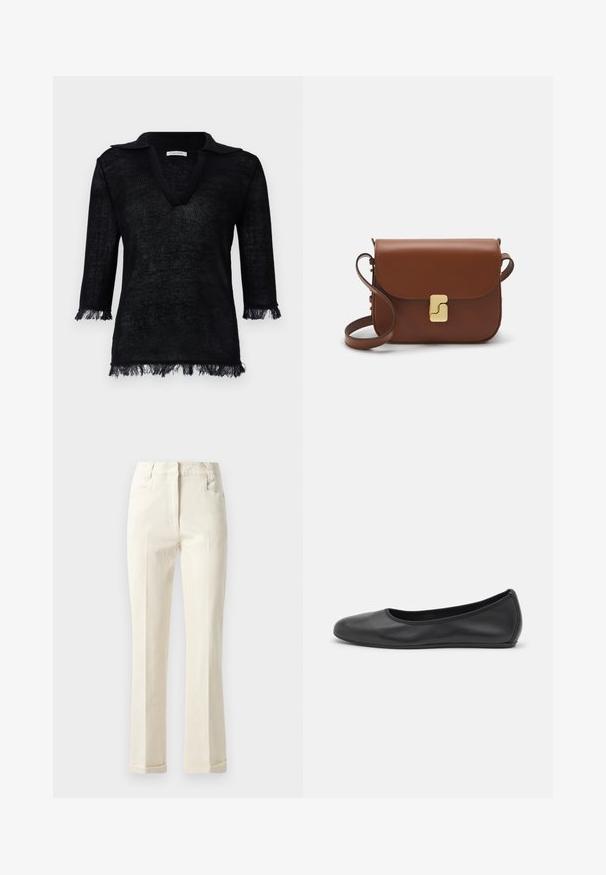 Pull noir en tricot avec un col en V. Doté de manches trois-quarts avec des détails en franges aux poignets et à l'ourlet. Matériau texturé.; Pantalons beiges à jambe droite en tissu mélangé coton, avec une taille mi-haute, des poches avant et une texture subtile à la surface.; Ballerines en cuir noir avec un bout rond, texture lisse, détails de couture minimalistes et design de semelle flexible.; Sac à main en cuir marron avec une fermeture à rabat, des accents en métal doré, une bandoulière et une texture lisse. Forme rectangulaire compacte.