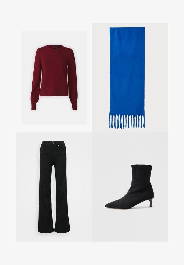 Bordo pulover od mekanog pletenog materijala, s okruglim izrezom, dugim rukavima i rebrastim rubovima i manžetama. Jednostavan, klasičan dizajn.; Crne široke traperice od denima, s visokim strukom, pet džepova i metalnim zatvaračem. Glatka tekstura s minimalnim detaljima.; Crne antilop čizme do članaka s bademastim vrhom i tankim, blago zakrivljenim potplatom. Glatka tekstura i minimalistički dizajn.; Plava šal od mekog materijala; sadrži jednobojnu boju s teksturiranom površinom i ravnomjerno rezanim resicama na dnu.