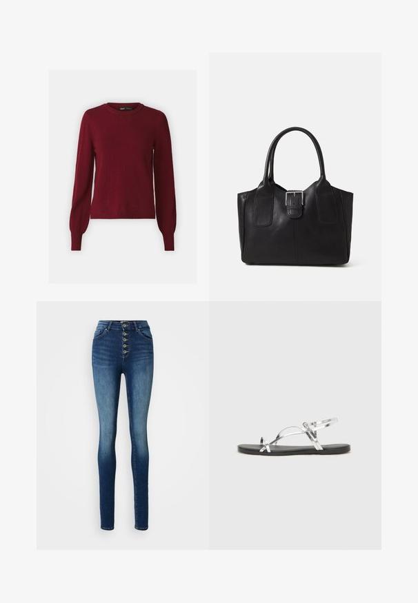 Burgundijas krāsa, mīksta adīšanas auduma džemperis ar apaļu kakla izgriezumu, garām piedurknēm un ribotu apakšmalu un piedurkņu galiem. Vienkāršs, klasiskas dizains.; Augstās jostasvietas džinsu bikses, tumši zilas ar gludu apdari, ar piecu pogu priekšējo aizdari un šauru piegriezumu. Klasisks piecu kabatu dizains.; Sudraba metāla sandales ar minimālistisku dizainu, kurām ir plānas siksnas un melna plakanā zole. Uzsvari ir krusteniskās siksnas akcenti.; Melnas ādas somiņa ar gludu tekstūru, strukturētu formu, divām rokturām un izteiktu sudraba sprādzi priekšpusē.