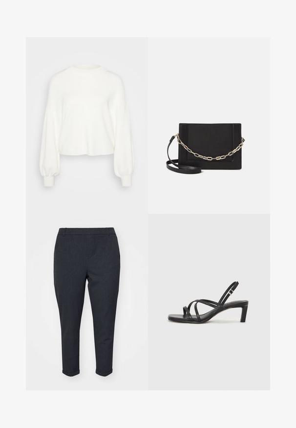 Biely skrátený sveter z jemnej pleteniny. Má dlhé, zúžené rukávy s rebrovanými manžetami a okrúhly výstrih.; Tmavo šedé nohavice s tapered strihom, ktoré majú hladký povrch, manžetové lemy a bočné vrecká. Klasický, upravený vzhľad.; Čierne sandále na vysokom podpätku so štvorcovou špičkou a nízkym blokovým podpätkom. Obsahujú viacero tenkých popruhov a nastaviteľný členkový popruh. Vyrobené z hladkej kože.; Čierna kožená crossbody taška s hladkou textúrou, obdĺžnikovým tvarom a kovovým reťazovým detailom na prednej strane. Súčasťou je nastaviteľný popruh.; Strieborný prsteň s dvojitým pásikom s hladkým, lesklým povrchom. Má plynulý, zakrivený dizajn s prekryvajúcimi sa časťami pre moderný vzhľad.