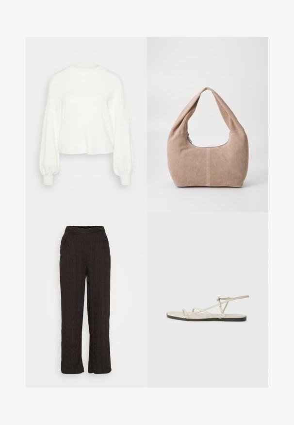 Pull court blanc en maille douce. Doté de longues manches bouffantes avec des poignets côtelés et d'un col rond.; Pantalons larges noirs en tissu texturé avec un design plissé. Dotés d'une ceinture élastique et de poches latérales.; Sandale plate beige avec plusieurs fines lanières et une boucle réglable. La semelle est plate avec un léger contraste sombre sur le bord.; Sac hobo en matériau suédé doux de couleur beige clair. Présente une forme arrondie avec une large sangle et une fermeture éclair.