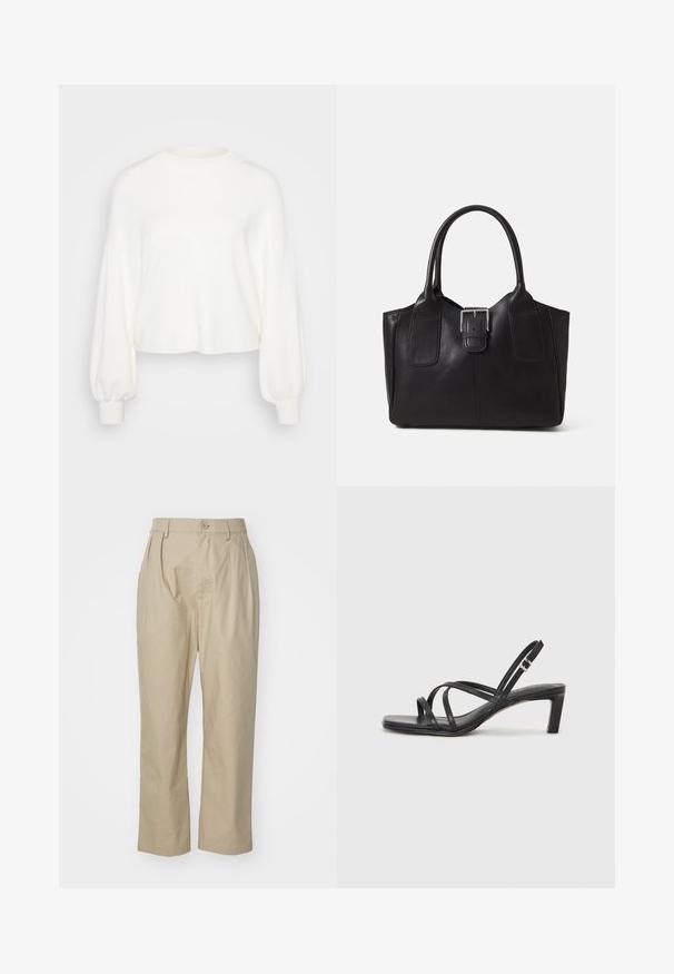 Bjela skraćena pletiva od meke pletene tkanine. Sadrži duge, napuhane rukave s rebrastim manžetama i dizajn s okruglim izrezom.; Bež hlače izrađene od pamuka, sa opuštenim krojem, prednjim nabranim detaljima, zatvaranjem na jedan gumb i ravnim nogavicama sa šivenim rubovima.; Crne sandale s trakama, kvadratnim prstom i niskom blok petom. Ima više tankih trakica i podesivu trakicu oko gležnja. Izrađene su od glatke kože.; Crna kožna torba za nošenje s glatkom teksturom, strukturiranim oblikom, dvije ručke i istaknutim srebrnim kopčanjem na prednjoj strani.; Srebrna dvostruka prsten s glatkom, poliranom površinom. Karakterizira ga fluidan, zakrivljen dizajn s preklapajućim sekcijama za moderan izgled.