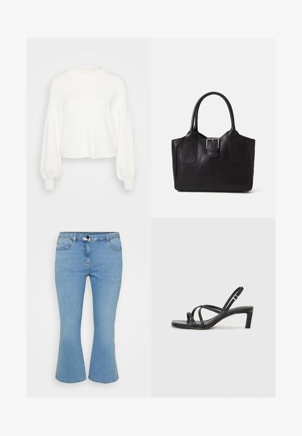 Bela skrajšana pulover, izdelan iz mehke pletene tkanine. Ima dolge, napihnjene rokave z rebrastimi manšetami in okroglo obliko vratu.; Svijetloplave traperice s flared krojem i pet džepova, s kopčanjem na gumbe i kontrastnim šavovima duž šavova.; Črne natikače s trakovi in kvadratnim prstom ter nizkim blokastim peto. Imajo več tankih trakov in nastavljiv trak okoli gležnja. Narejene so iz gladkega usnja.; Črna usnjena torba s gladko teksturo, strukturirano obliko, dvema ročkama in izrazitim srebrnim sponko na sprednji strani.; Zlate obroče za ušesa z gladkim, zaobljenim dizajnom. Tanki in lahki, z neprekinjenim krogom brez okrasnih elementov.