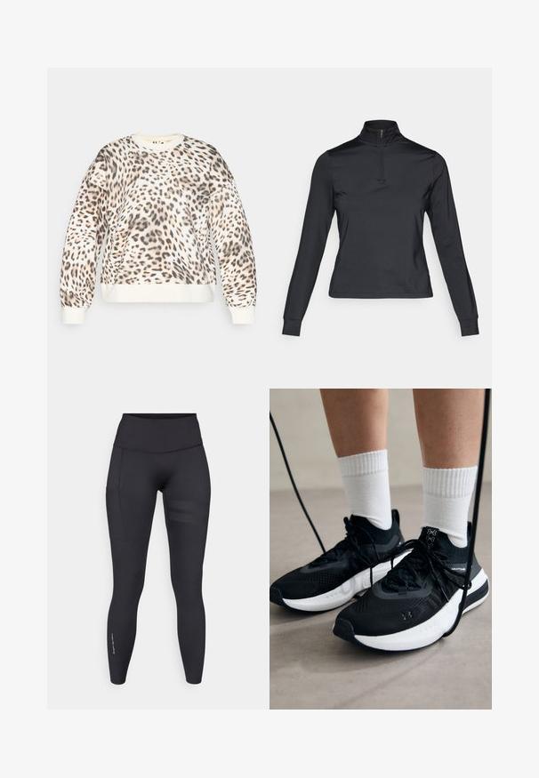 Felpa con stampa leopardata su base crema, colletto rotondo e polsini a coste. Tessuto morbido con vestibilità rilassata e motivo animale distintivo.; Pullover nero a maniche lunghe con colletto alto a zip, realizzato in tessuto liscio. Presenta maniche aderenti e un design cropped.; Leggings da allenamento neri realizzati in materiale elasticizzato, con vita alta, tasca laterale e strisce orizzontali testurizzate su una gamba.; Scarpe sportive nere con tessuto testurizzato, suola bianca e lacci neri. Indossate con calzini bianchi a costine, in piedi su una superficie chiara.