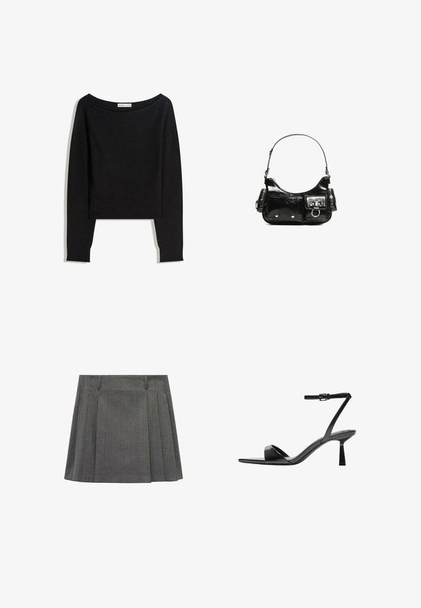Čierny pletený sveter s výstrihom zhasnutý z ramien, dlhými rukávmi a rebrovanými manžetami a lemom. Vyrobený z mäkkého, štruktúrovaného materiálu.; Sivá skladaná sukňa vyrobená z textúrovanej tkaniny, s vertikálnymi pruhmi, pásom so slučkami na opasok a rozšíreným strihom.; Bershka Sandále na vysokom opätku - black; Čierna laková kožená kabelka s ohnutým tvarom, jedným ramenným popruhom, prednými vreckami a striebornými kovovými doplnkami.