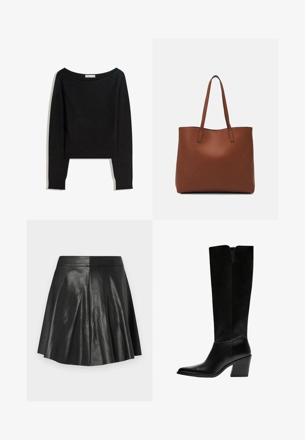 Crni pleteni džemper s izrezom koji otkriva ramena, dugim rukavima te rebrastim manžetnama i rubom. Izrađen od mekanog, teksturiranog materijala.; Crna proširena suknja od umjetne kože s panel šavovima i uskim pojasom na jednostavnoj svijetloj pozadini.; Crne čizme do koljena napravljene od glatke kože, s šiljastim vrhom, blok petom i V-oblika izrezom na vrhu.; Smeđa kožna torba preko ramena s glatkom teksturom, otvorenim vrhom i dvjema naramenicama. Ima minimalne šavove i nema vidljivog hardvera.