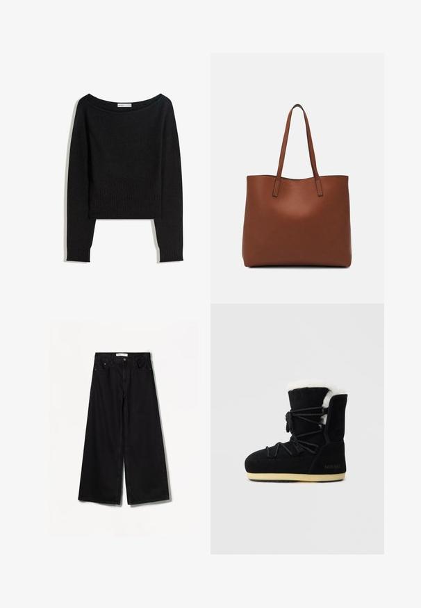Maglione nero lavorato a maglia con scollo a barca, maniche lunghe e polsini e orlo a coste. Realizzato con materiale morbido e strutturato.; Bershka WIDE-LEG - Wide Leg - black; Stivale in suede nero con fodera in pelliccia bianca, dotato di una chiusura con lacci sul davanti, supporto imbottito alla caviglia e suola in gomma per una migliore aderenza.; Borsa tote in pelle marrone con texture liscia, design con apertura superiore e due spallacci. Presenta cuciture minime e nessun hardware visibile.