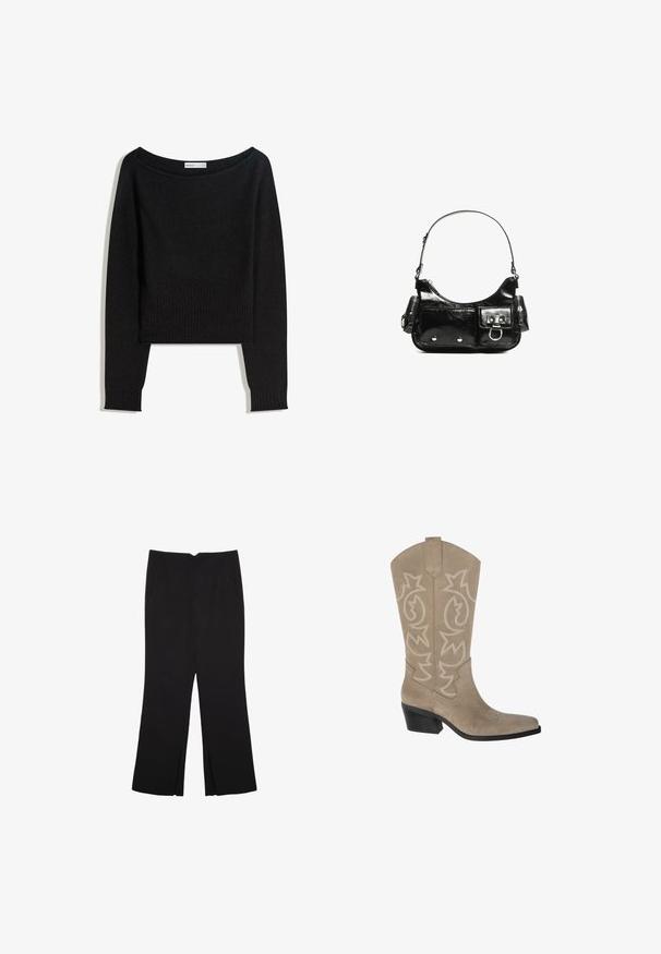 Musta neulepusero, jossa on paljas olkapää -kaula-aukko, pitkät hihat sekä resorit hihansuissa ja helmassa. Valmistettu pehmeästä, tekstuurillisesta materiaalista.; Mustat housut suoralinjaisella leikkauksella, joissa on etutaskut ja sivurei'ät helman alla. Valmistettu pehmeästä ja sileästä kankaasta. Sopii eri tilaisuuksiin.; PULL&BEAR Biker-/cowboysaappaat - taupe; Mustekko mustasta kiiltonahasta valmistettu käsilaukku, jossa on kaareva muoto, yksi olkahihna, etutaskut ja hopeanväriset yksityiskohdat.