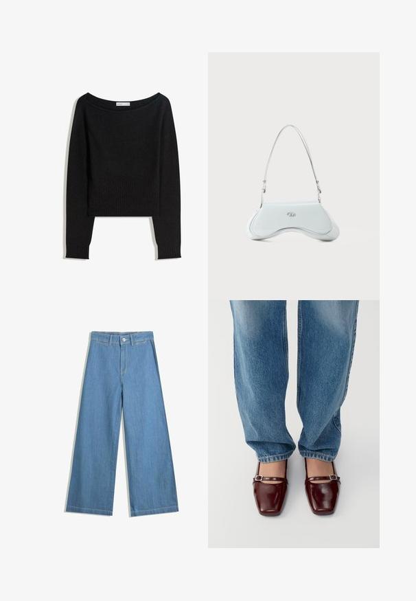 Fekete kötött pulóver vállakat szabadon hagyó nyakkivágással, hosszú ujjakkal, bordázott mandzsettával és szegéllyel. Puha, texturált anyagból készült.; Világoskék, laza szárú farmernadrág, gombos záródással, övpántokkal és diszkrét varrási részletekkel.; Burgundi színű lakkbőr cipők, négyzetes orral és bokapánttal, világoskék, laza szabású farmernadrággal párosítva. A cipők fényes bevonattal rendelkeznek.; Fehér lakkbőr válltáska ívelt dizájnnal, ezüst színű fémrészletekkel és diszkrét logóval az elülső részen. Állítható pánt jár hozzá.