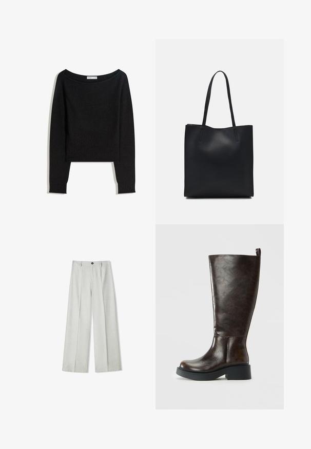Czarny sweter dziany z dekoltem odkrywającym ramiona, długimi rękawami oraz ściągaczami przy mankietach i dole. Wykonany z miękkiego, teksturowanego materiału.; Jasnoszare spodnie o szerokich nogawkach, wykonane z teksturowanej tkaniny, z zapięciem na guzik i dwoma fałdami z przodu dla dodatkowego efektu.; Ciemnobrązowe skórzane kozaki sięgające za kolano, z zaokrąglonym noskiem, masywną czarną podeszwą, niskim obcasem oraz pętlą na górze z tyłu.; Czarna skórzana torba tote o gładkiej fakturze, prostokątnym kształcie i dwóch długich uchwytach. Brak widocznych elementów metalowych i ozdób.