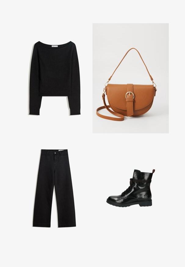Sort strikket trøje med skulderfri halsudskæring, lange ærmer og ribstrikkede manchetter og kant. Fremstillet af blødt, tekstureret materiale.; Sorte wide-leg denim bukser med høj talje, der har front- og baglommer, syede sømme og en knaplukning. Glat tekstur.; Sort læder ankelstøvle med blank finish, rund tå, frontlacing og kontrasterende burgunderrøde accenter på snørebånd og krave. Holdbar gummisål.; Brun læder crossbody taske med en buet form, guldfarvet hardware og en spændeaccent. Har en aftagelig skulderrem.