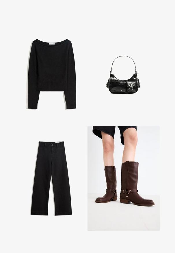 Black knit sweater with an off-the-shoulder neckline, long sleeves, and ribbed cuffs and hem. Made from soft, textured material.; Black wide-leg denim pants with a high waist, featuring front and back pockets, stitched seams, and a button closure. Smooth texture.; Brown leather knee-high boots with a rounded toe, textured surface, ankle strap, and silver hardware detail; stacked heel.; Black patent leather handbag with a curved shape, one shoulder strap, front pockets, and silver-tone hardware accents.