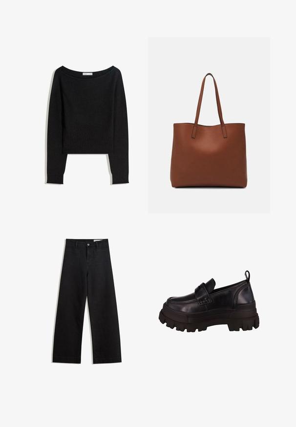 Musta neulepusero, jossa on paljas olkapää -kaula-aukko, pitkät hihat sekä resorit hihansuissa ja helmassa. Valmistettu pehmeästä, tekstuurillisesta materiaalista.; Mustat leveät farkut korkealla vyötäröllä, joissa on etu- ja takataskut, ommellut saumat ja nappisuljenta. Silkinoinen rakenne.; Musta nahkainen slaipperi, jossa on paksu kumipohja, pyöristetty kynsi ja koristeellinen hihna yläosassa. Teksturoitu yksityiskohtien sivuilla.; Ruskea nahkainen olkalaukku, jossa on sileä pinta, avoin yläosa ja kaksi olkahihnaa. Omaavat vain minimaalisen ompelun eikä näkyvää metalliosaa.