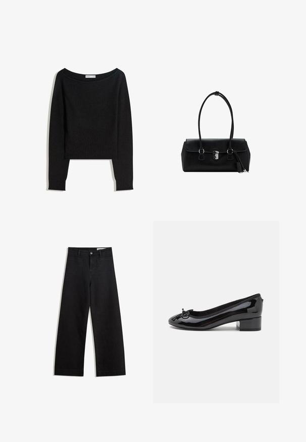 Zwarte gebreide trui met een achterkloterige halslijn, lange mouwen en geribbelde manchetten en zoom. Gemaakt van zacht, textuurrijk materiaal.; Zwarte denim broek met wijde pijpen en een hoge taille, voorzien van voor- en achterzakken, gestikte naden en een knoopsluiting. Gladde textuur.; Zwarte gepatineerde leren balletschoen met een ronde neus, een kleine blokhak en een decoratieve strik aan de voorkant. Gladde oppervlakte en gevoerde binnenkant.; Zwarte leren handtas met een gladde textuur, gestructureerd ontwerp, dubbele hengsels en een zilveren sluiting in het midden.