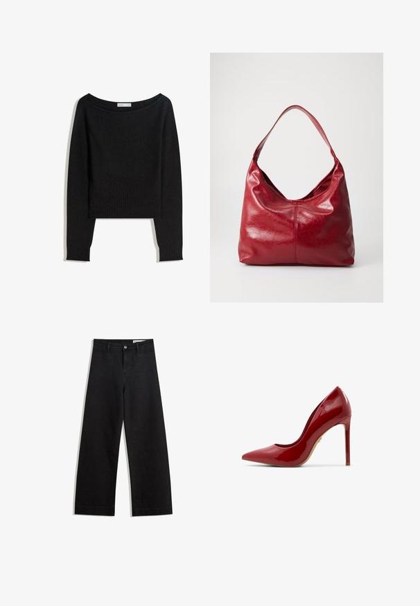 Sort strikket trøje med skulderfri halsudskæring, lange ærmer og ribstrikkede manchetter og kant. Fremstillet af blødt, tekstureret materiale.; Sorte wide-leg denim bukser med høj talje, der har front- og baglommer, syede sømme og en knaplukning. Glat tekstur.; Rød laklæder sandale med høj hæl, spids tå, glat overflade og en slank stiletto-hæl med en beige sål.; Rød læder hobo taske med en blød, tekstureret overflade, en enkelt skulderrem og en rund, slaskende form.