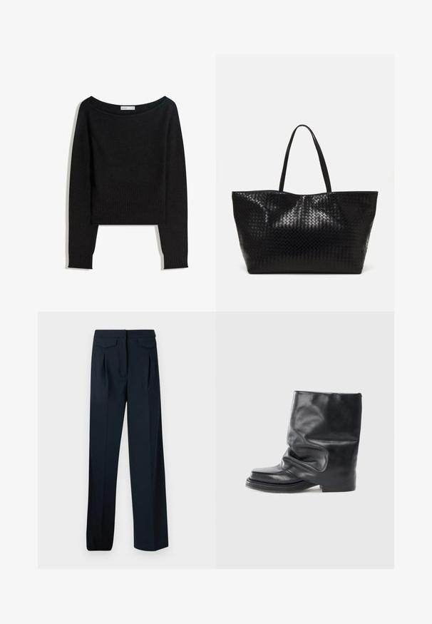 Zwarte gebreide trui met een achterkloterige halslijn, lange mouwen en geribbelde manchetten en zoom. Gemaakt van zacht, textuurrijk materiaal.; Marineblauwe broeken met een op maat gemaakt ontwerp, twee voorplooien en twee achterzakken. Gemaakt van een gladde stof met een rechte snit.; Zwarte leren enkellaars met een slouchy ontwerp, vierkante neus, lage hak en een gladde textuur. Minimalistische stijl zonder zichtbare hardware.; Zwarte geweven schoudertas met twee stevige handvatten, met een glanzende textuur en een ruime open bovenkant.