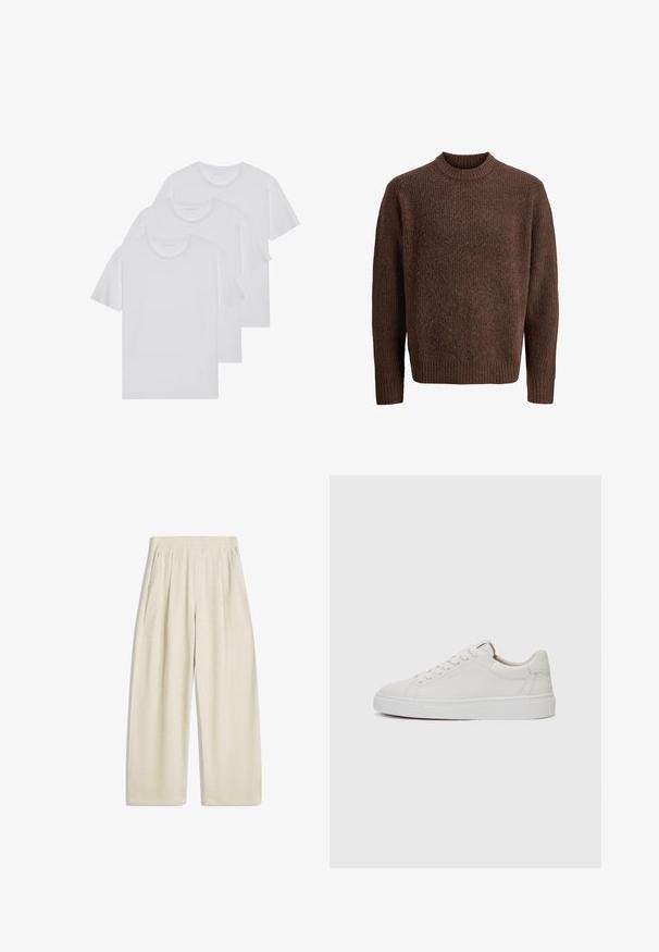 Brauner Strickpullover mit strukturiertem Muster, geripptem Rundhalsausschnitt und langen Ärmeln. Hergestellt aus weichem, warmem Material.; Drei weiße T-Shirts aus weicher Baumwolle, mit kurzen Ärmeln und Rundhalsausschnitt, ordentlich gestapelt mit minimaler Nahtdetails.; Weit geschnittene Hosen in einem hellbeigen Farbton, mit vertikaler Rippstruktur, gefältelten Details am Bund und Seitentaschen.; Weiße Leder-Sneaker im Low-Top-Stil mit runder Zehenform, flacher weißer Gummisohle und minimalistischen Steppnähten. Schnürsenkel sind durch sechs Ösen gesichert.