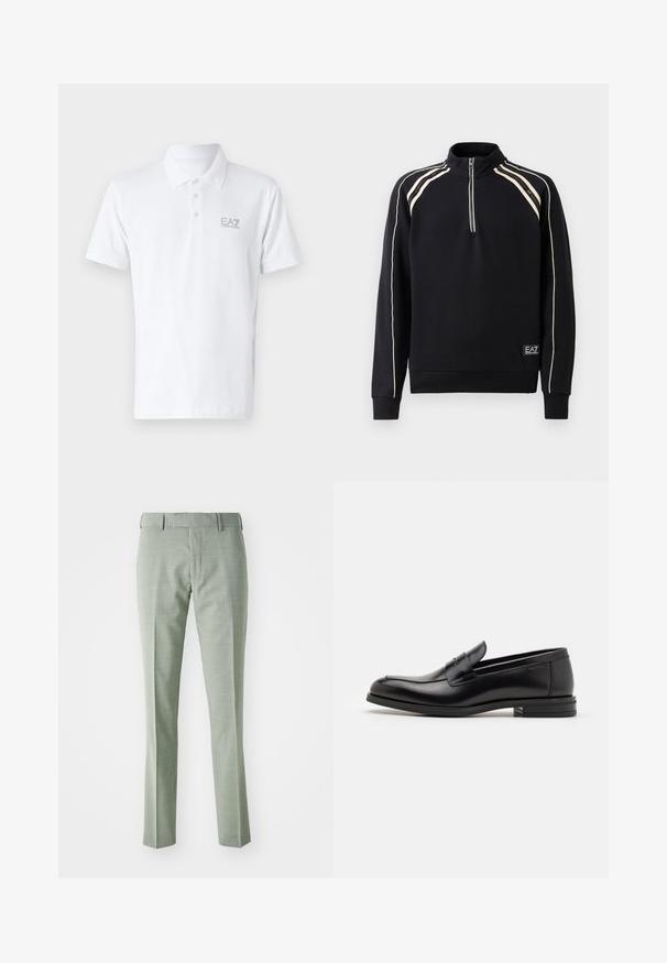 Čierny športový sveter s vysokým golierom, štvrť-zipsom na prednej strane, krémovými pruhmi a rebrovanými manžetami. Na leme sa nachádza označenie značky.; Biela polo tričko vyrobené z bavlny. Obsahuje klasický golier, trojité zatváranie na gombíky a svetlo šedé logo EA7 na hrudi. Krátke rukávy.; Svetlozelené nohavice na mieru s hladkou textúrou, rovné nohavice a klasický pásový dizajn, vhodné do formálnych prostredí.; Čierne kožené mokasíny s hladkou textúrou, zaoblenou špičkou a dekoračným pásikom cez priehlavok. Nízky vrstvený opätok, minimalistický dizajn.