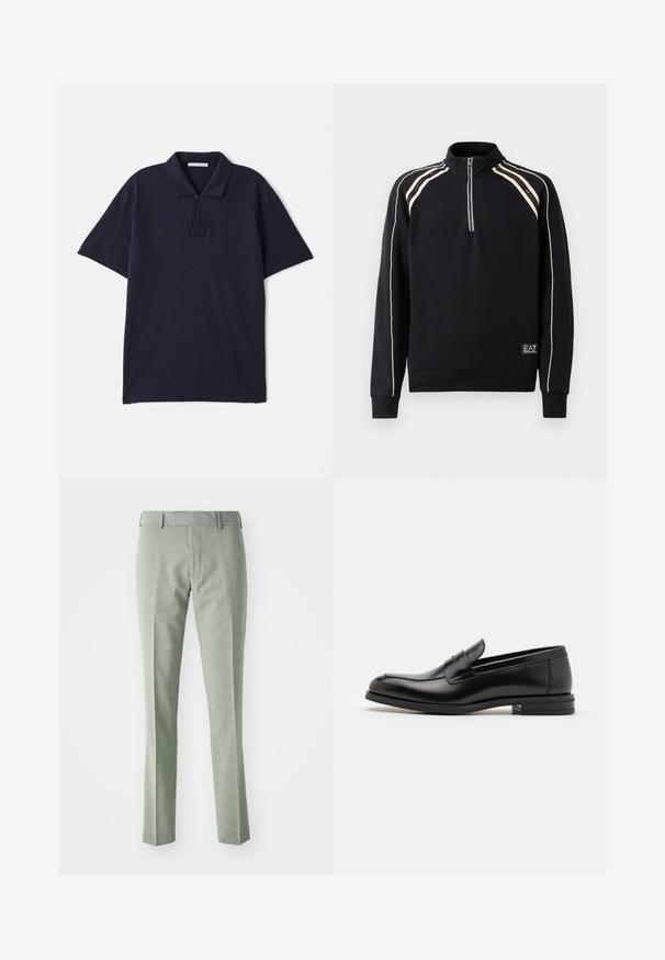 Mustmustatud spordipusa kõrge kraega, neljandiku tõmbluku valmistust, kreemivärviliste triipudega ja ribatreitud käistega. Omab bränditud silti allääres.; Tumedat polosärk, mis on valmistatud puuvillast, kraega, lühikeste käistega ja kaheastmelise nupuga, millel on sile tekstuur.; Heledad heledad heledad heledad heledad heledad heledad heledad heledad heledad heledad heledad heledad heledad heledad heledad heledad heledad heledad heledad heledad heledad heledad heledad heledad heledad heledad heledad heledad heledad heledad heledad heledad heledad heledad heledad heledad heledad heledad heledad heledad heledad heledad heledad heledad heledad heledad; Mustad mustad nahast loafers sileda tekstuuriga, ümarat ninaosa ja dekoratiivne riba vampi üle. Madal kihiline konts, minimalistlik disain.