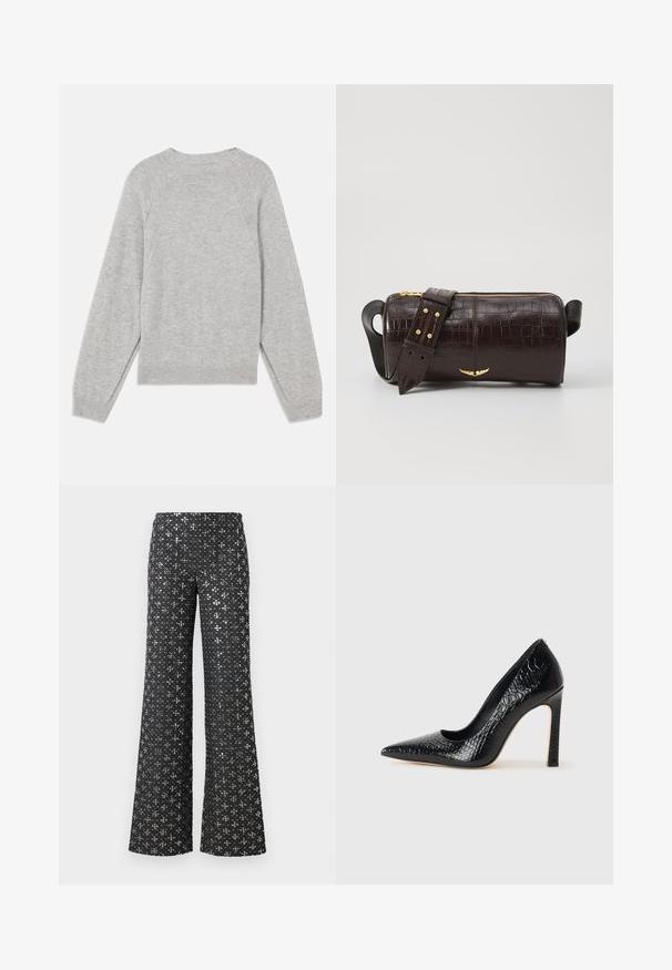 Suéter gris claro hecho de una tela suave, con mangas raglán largas, cuello redondo y puños y dobladillo acanalados. Diseño simple y sin costuras.; Pantalones de pierna ancha negros con una textura de lentejuelas y acentos plateados, creando una apariencia estampada en toda la tela.; Zapato de tacón alto negro con punta afilada y textura de piel de cocodrilo, que presenta un diseño elegante, un alto tacón de aguja y un interior negro suave.; Bolso de cuero marrón con estampado de cocodrilo, de forma cilíndrica, con herrajes en tono dorado y una correa desmontable con tachuelas.