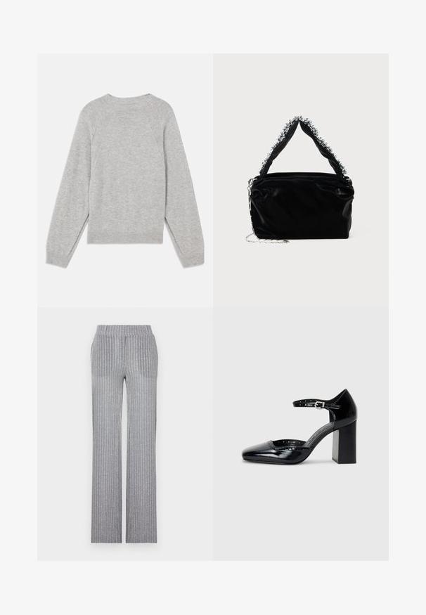 Ljust grå tröja i mjukt tyg, med långa raglansärmar, rund halsringning och ribbade ärmslut och nederkant. Enkelt, sömlöst design.; Grå, ribbad stickad byxa med en åtsittande midja och utsvängda ben. Har subtil lyster och vertikala ränder för textur.; Svarta lackläders högklackade skor med fyrkantig tå, ankelrem och kraftig klack. Inkluderar perforerad detaljering längs kanten.; Svart handväska i konstläder med en strukturerad yta, med en pärlbesatt silverdetalj längs det övre handtaget och ett kedjestropp.