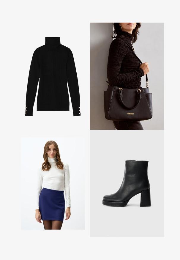 Pull en col roulé noir avec une texture côtelée. Présente des manches longues ajustées avec trois boutons en argent à chaque poignet.; Un haut à col roulé blanc côtelé associé à une minijupe fitted bleu marine. L'ensemble présente des manches longues et une texture lisse.; Bottine en cuir noir avec un talon bloc et une semelle plateforme, vue de côté sur un fond blanc uni.; Sac à main noir avec surface texturée, deux poignées supérieures et bandoulière réglable. Doté de quincaillerie dorée et de poches latérales.