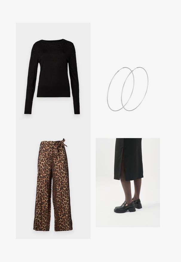 Black sweater with long sleeves, round neckline, and textured detailing. Features small embellishments on the shoulders and smooth knit fabric.; Leopard print wide-leg trousers in brown and black, with a tied waistband and a smooth fabric texture.; Black leather shoes with a rounded toe, thick block heel, and elastic side accents, paired with dark tights and a black skirt with a slit.; Silver hoop earrings with a minimalist design. Circular shape, smooth texture, and thin profile. Lightweight with a polished finish.