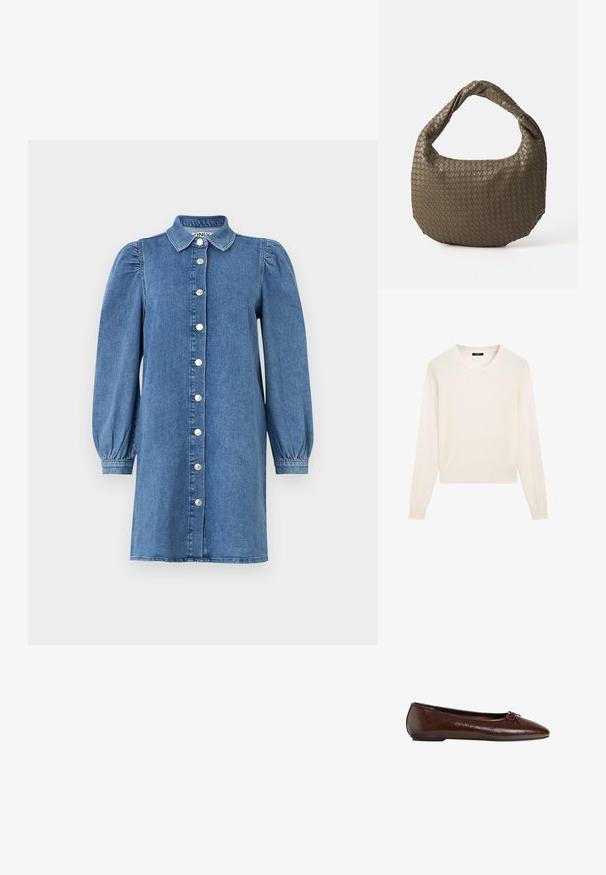 Krémový svetr z měkké látky s kulatým výstřihem, dlouhými rukávy a zkráceným lemem. Jednoduchý a minimalistický design.; Džínové šaty s dlouhými vypufovanými rukávy, zapínáním na knoflíky vpředu, límcem a rovnými liniemi. Modrá tkanina s hladkou strukturou.; Hnědé kožené baletní byty s hladkým povrchem, špičatou špičkou a mašlí na přední straně, s nízkou černou gumovou podešví.; Tkaná olivově zelená kabelka zaobleného tvaru s propleteným držadlem. Texturovaný povrch má diagonální vzor. Zapínání na zip.