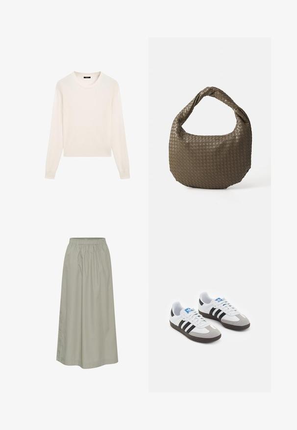 Kremowy sweter wykonany z miękkiego materiału, z okrągłym dekoltem, długimi rękawami i krótkiem dołem. Prosty i minimalistyczny design.; Jasnozielona spódnica do kolan z miękkiego materiału, z elastycznym pasem, z marszczoną konstrukcją i dyskretnymi detalami szwów.; Buty sportowe z białą skórzaną cholewką, szarym zamszowym noskiem i trzema czarnymi paskami. Posiadają niebieskie logo na języku oraz teksturowaną gumową podeszwę.; Woven oliwkowa torebka o zaokrąglonym kształcie i skręconym uchwycie. Teksturowana powierzchnia zdobiona jest diagonalnym wzorem. Zamek błyskawiczny.; Srebrne metalowe kolczyki o falistym, rzeźbiarskim wzorze z polerowanym wykończeniem i nieregularnymi kształtami, podkreślające nowoczesny estetykę.