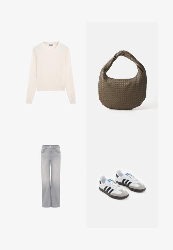 Zachtcrèmekleurige trui van zachte stof, met een ronde hals, lange mouwen en een cropped zoom. Eenvoudig en minimalistisch ontwerp.; Lichtgrijze wijde jeans van denim, met een hoge taille, twee voorste zakken en een knoopsluiting. Gladde textuur met een vervaagde afwerking.; Sportschoenen met een witte leren bovenkant, grijze suède neus en drie zwarte strepen. Bevat een blauw logo op de tong en een gestructureerde rubberen zool.; Geweven olijfgroene handtas met een ronde vorm en een gedraaide handgreep. De textuur heeft een diagonaal patroon. Ritssluiting.