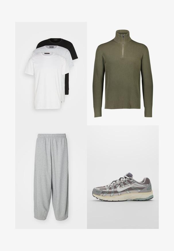 Oliivinvihreä ribbikuvioinen neulepusero, jossa on korkea kaulus ja neljännesvetoketju. Varustettu pitkillä hihoilla ja tekstuuripinnalla.; Kolme crew neck t-paitaa valkoisena, vaaleanharmaana ja mustana. Valmistettu pehmeästä puuvillasta, jossa on lyhyet hihat ja rento malli.; Vaaleanharmaat, löysät collegehousut, jotka on valmistettu pehmeästä kankaasta. Joustava vyötärö ja resorit nilkoissa. Yksinkertainen ja koristelematon muotoilu.; Harmaa urheilukenkä, jossa on verkko- ja mokkanahkainen yläosa, valkoiset yksityiskohdat, pehmustettu pohja ja erottuva muotoilu heijastavilla elementeillä.