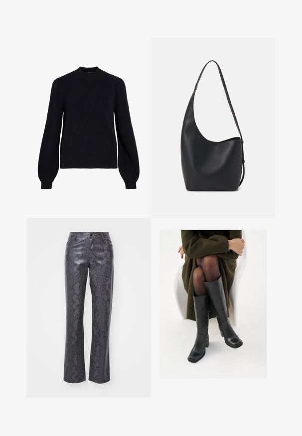 Black knit sweater with a crew neckline, full-length puff sleeves, and ribbed cuffs and hem. Soft texture with minimalistic design.; Faux leather pants in dark gray with a snake print pattern. Features a front button closure, straight legs, and classic five-pocket design.; Knee-high black leather boots with a squared toe and block heel, shown with a model seated in an olive green coat. Smooth texture, minimal detailing.; Black leather hobo bag with a smooth texture, curved shape, and single adjustable strap; features a wide opening at the top.