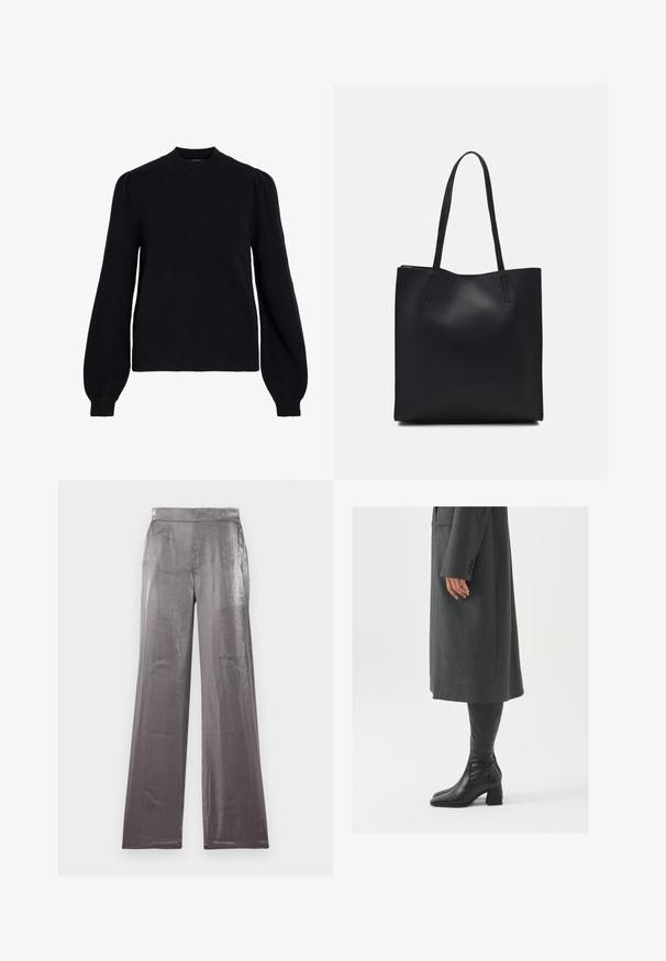 Svart stickad tröja med rund halsringning, ärmar med puffdetalj i full längd och ribbade muddar och fåll. Mjuk textur med minimalistisk design.; Breda byxor i ett glänsande, silverfärgat tyg. Har en slät yta med en platt midja och inga synliga fickor.; Grå, skräddarsydd ytterrock med rak skärning; kombinerad med knähöga svarta läderstövlar med fyrkantig tå och kraftig klack.; Svart lädertoffelväska med slät textur, rektangulär form och två långa handtag. Ingen synlig hårdvara eller dekorationer.
