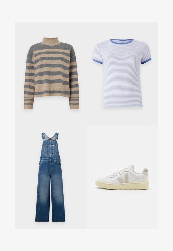 Raitaināta džemperis ar pelēkajām un bežām krāsām, augstu apkakli, platām aprocēm un brīvu piegriezumu ar īsu dizainu.; Ribiem paraugu īsām piedurknēm izgatavota T-kreklā. Uz baltas fona ir gaiši zili svītriņi. Zilas akcenti ap kaklu un piedurknēm.; Denim kopējie ar platām kājām, regulējamām siksnām, priekšējo kabatu un pogu detaļām sānos. Tumši zili ar izbalējušām akcentiem.; Baltas ādas sporta apavu pāris ar bēšiem zamša akcentiem, caurumiņu purngalā, plakanu šņorēšanu un teksturētu krēmkrāsas zoli. Iezīmējas ar diskrētu zīmolu uz papēža.