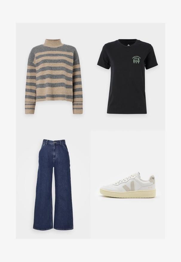 Stripet strikkegenser som har grå og beige farger, høy hals, brede mansjetter og en avslappet passform med kort design.; Converse FOREST ART TEE - T-shirts med print - black; Bredde ben denim jeans i mørkeblå, med høy midje, frontlommer og glidelås med metallknapp. Glatt tekstur og klassisk design.; Hvite lær sneakers med beige semsket detaljer, perforert tåboks, flate lisser og en teksturert kremfarget såle. Har subtil branding på hælen.