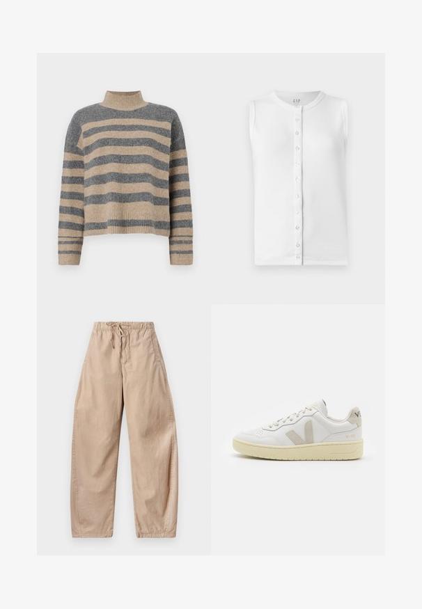 Triibuline kudumipusa, millel on hallid ja beezid toonid, kõrge kaelus, laiad mansetid ja vabalt langev lõige koos lühendatud disainiga.; Valge ilma varrukateta T-särk, mis on valmistatud ribakangast, ümmarguse kaelusega ja seljal nuppude kinnitamisega, läbipaistvate nuppudega.; Bežist puuvillased laiad püksid elastse vöökoha ja nööriga, küljetaskute ja siledat, kerget tekstuuri omavad.; Valge nahast tenniseking, millel on beežist siidist aktsent ja aukudega varvas, lame paelad ja tekstureeritud koorevärvi tallad. Omab nüansirikast brändimist kannal.